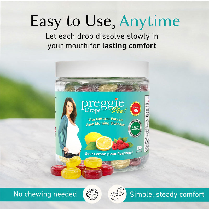 Three Lollies Preggie Pop Drops Plus Pregnancy Candy, Sour Mix, 100 Count | Pregnancy support candy with vitamin B6 and essential oils; sour raspberry and lemon flavors, 100 count. Sour Raspberry & Sour Lemon 100 Count (Pack of 1)