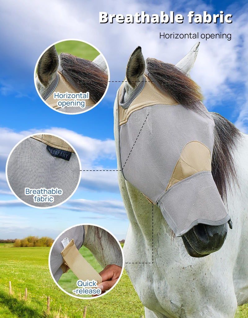 DEERFAMY Adjustable Horse Fly Mask, High-Quility Net Mesh Mask with Large Eye Space,Full Coverage, Soft & Gentle on Skin, No Ears but with Nose (Gold, L) Gold Horse(L) - BeesActive Australia