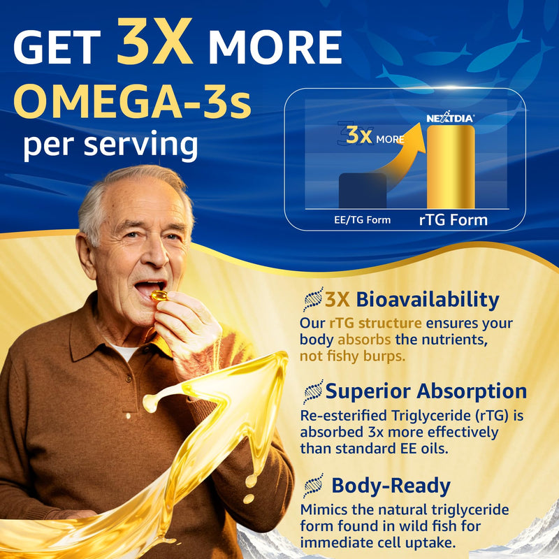 Omega-3 Fish Oil Supplement 1250mg, Vitamin D3 5000IU, K2 E, 3-Month Supply | Burpless Triple Strength 1100mg Omega 3 Fatty Acids(750mg EPA + 350mg DHA) for Women & Men, Wild-Caught Fish Oil, 90 Softgels