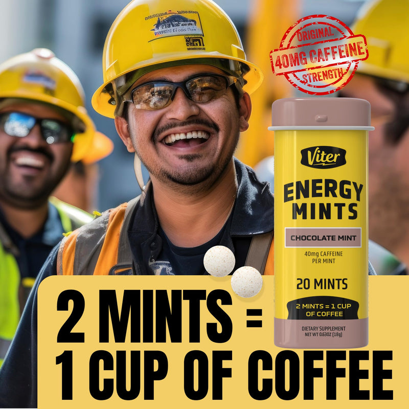 Viter Energy Caffeinated Mints 40mg Caffeine, B Vitamins, Sugar Free. (Chocolate Mint, 20pcs, 6 Pack)