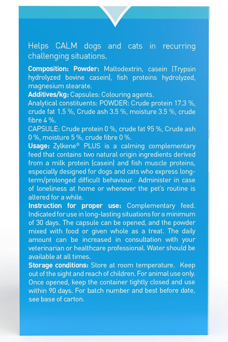 Zylkene Plus Calming Supplement for Cats & Dogs up to 10kg | Promotes Relaxation in long-term challenging situations: New baby, Home Alone, Moving house | Easily administered | 30 capsules Cats & Small Dogs