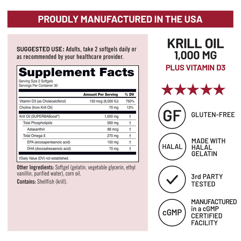 NatureWise Krill Oil 1,000 mg + Vitamin D3 6,000 IU - SUPERBAboost Concentrated Antarctic Krill Oil - Omega-3 EPA & DHA, Phospholipids & Astaxanthin - Non-GMO - 60 Softgels[30 Day Supply]