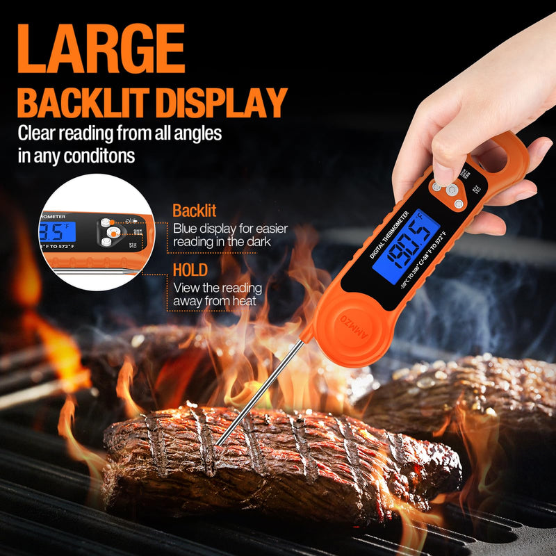 AMMZO Digital Meat Thermometer for Grilling, Candy Thermometer Instant Read Food Thermometer Waterproof with Backlight for Cooking, Deep Fry, BBQ, Grill, Smoker and Roast (Orange) Orange - BeesActive Australia