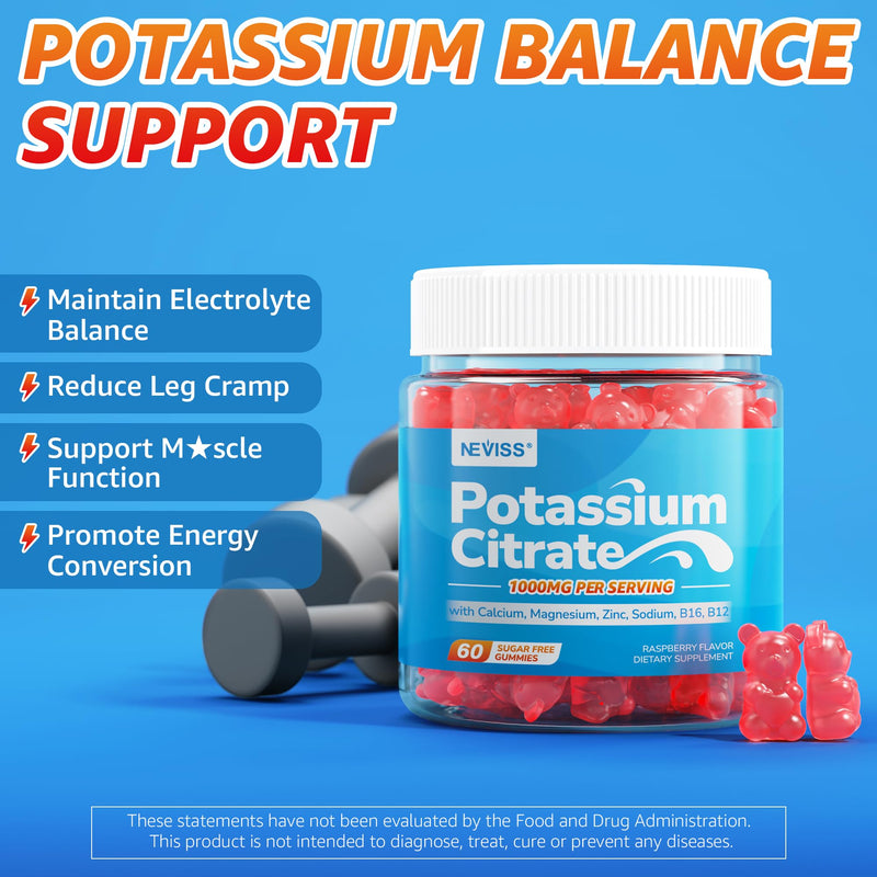 Potassium Citrate 1000mg Supplement Gummies, Support Electrolyte, 60 Count | Potassium Magnesium + Calcium, Zinc, Sodium, Vitamin B6, B12, Support Leg Cramps, Body Performance, Energy Boost, Sugar Free 60 Count (Pack of 1)