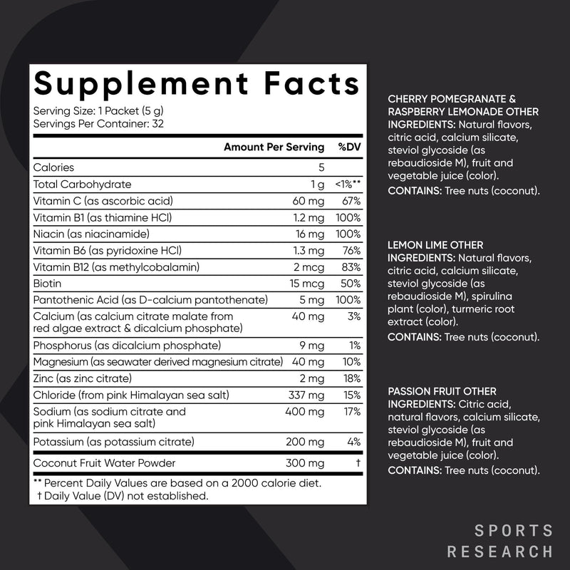 Sports Research® Hydrate Electrolytes, 32 Variety Packets | Sugar-Free Passion Fruit (4), Cherry Pom. (4), Lemon Lime (4), Raspberry Lemonade (4) w/ Vitamins, Minerals, & Coconut Water Variety Pack 5.63 Ounce (Pack of 1)
