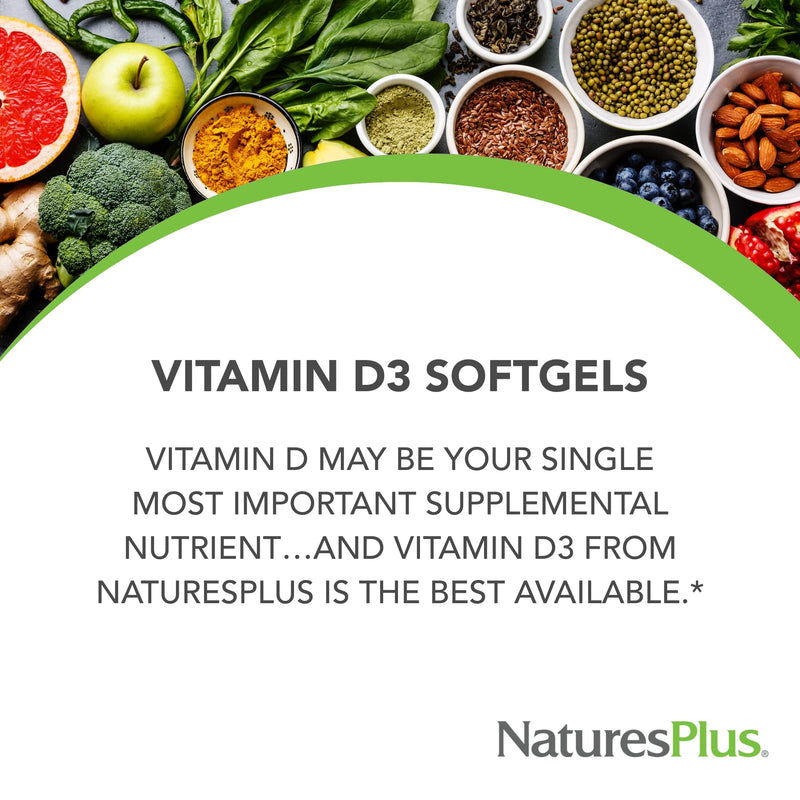 NaturesPlus Vitamin D3 1000 IU - 180 Softgels - Bone Strength & Immune Support - 180 Servings