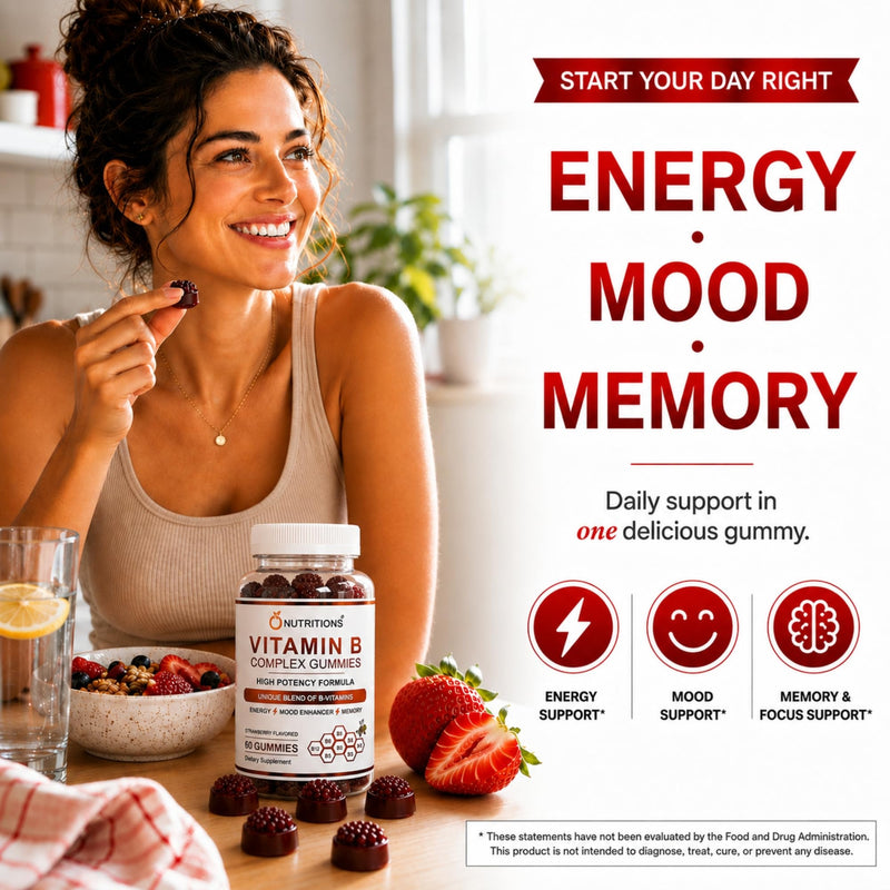 O NUTRITIONS Vitamin B Complex Gummies for Women & Men - Vitamin B12, Biotin, Folate, Vitamin C - Energy, Mood, Memory & Focus Support - Hair, Skin & Nails - Vegan Strawberry Gummies, 60 Count 1 PACK