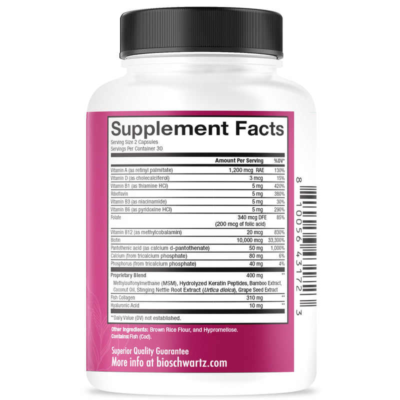 BioSchwartz Biotin Collagen Keratin Supplement - Hair Vitamins for Women | 10000mcg Biotin with Hyaluronic Acid & B Complex - Non-GMO Beauty Supplement - Hair and Nails Vitamins for Women - 60 Count