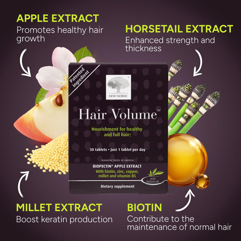 NEW NORDIC Hair Volume Daily Biotin Support Supplement | 90 Tablets | Daily hair supplement tablets made with biotin and Annurka apple extract for simple incorporation into your daily routine 90 Count (Pack of 1)