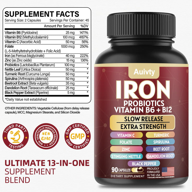 Iron Supplement with Slow Release Iron, Probiotics, Spirulina, Turmeric, Vitamin C, B6, B12, Zinc & Folate, 13-in-1 Daily Support, Gentle on Stomach, 60 Veggie Capsules
