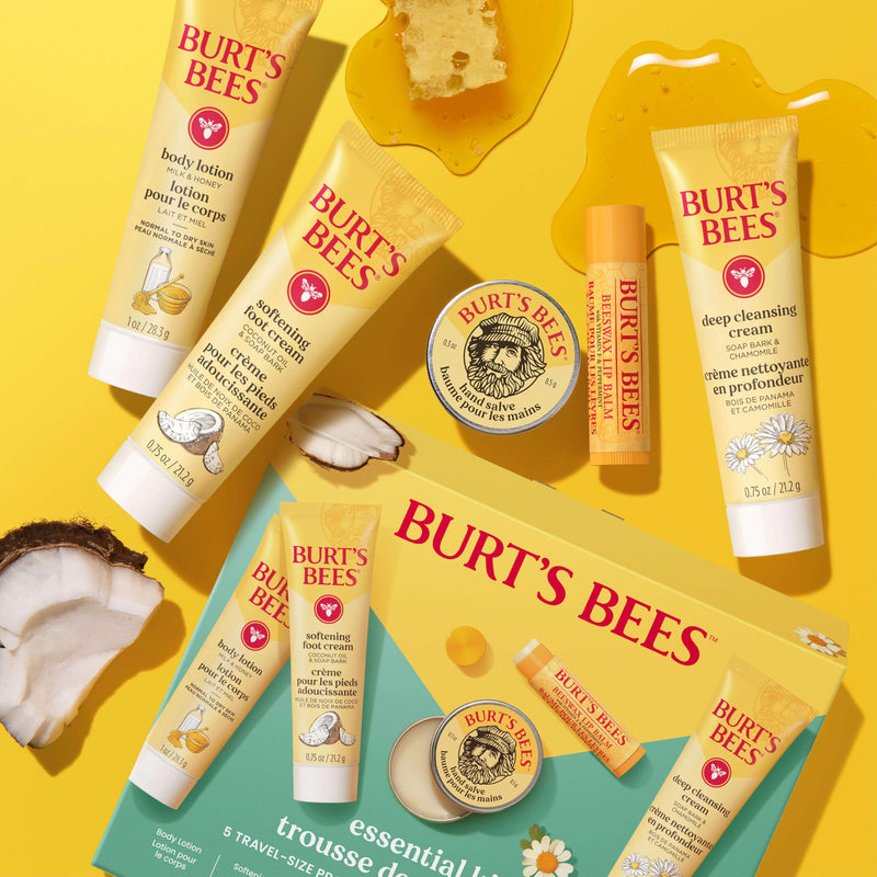 Burt's Bees Gift Ideas - Essentials Everyday Set, 5 Travel Size Products - Deep Cleansing Cream, Hand Salve, Body Lotion, Foot Cream and Original Lip Balm Everyday Essentials Set- New