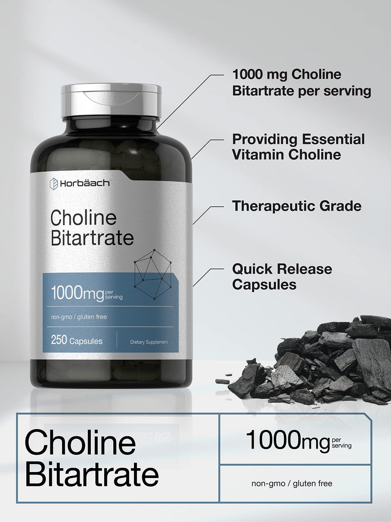 Horbaach Choline Bitartrate Supplement | 1000mg | 250 Capsules | High Potency | Non-GMO, Gluten Free