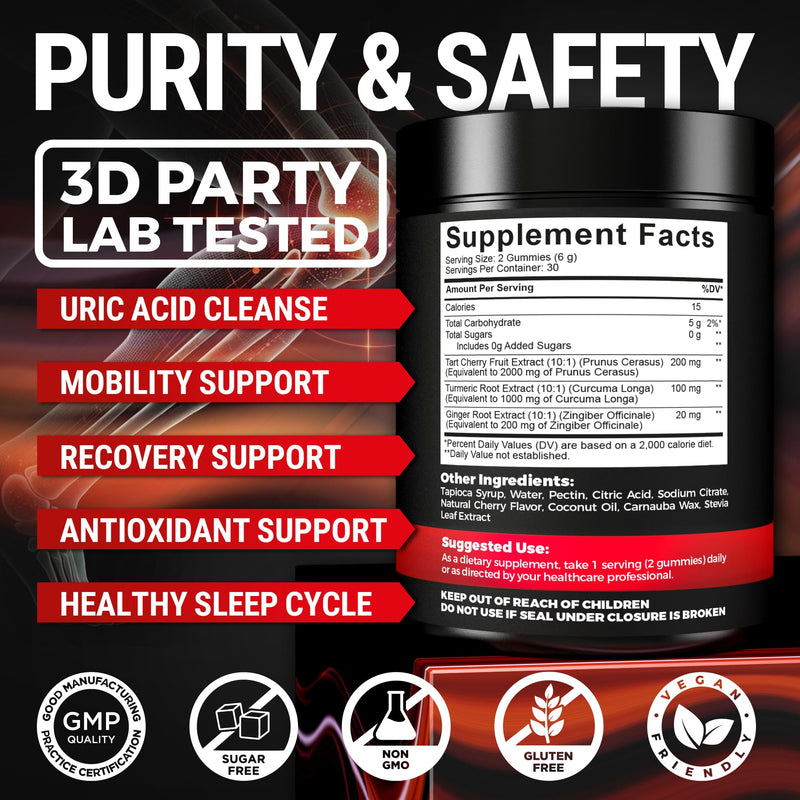 KEY ELEMENTS [Ultra Strength] Tart Cherry Gummies Extract with Turmeric & Ginger - Natural Tart Cherry Supplement for Uric Acid Cleanse Support & Recovery Gummies 60 Count (Pack of 1)