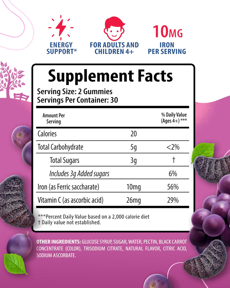 SUNNY SAM Iron Gummies for Kids & Adults - Iron Vitamins with Vitamin C, 10mg per Serving - Chewable Fruit Gummy for Immune Support Red Blood Cell Production 60 Count (Pack of 1)
