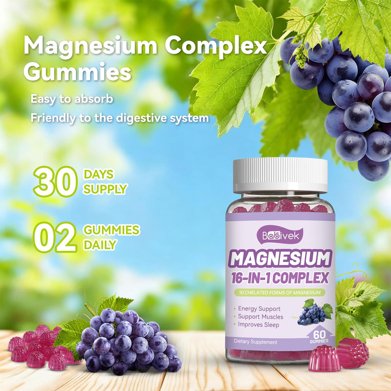 2 Pack Magnesium Gummies with Vitamin D3, C, B6, B12 & Zinc | 800mg Magnesium Gummies,Magnesium Citrate,Glycinate,Malate,Oxide,Women Men Bone Muscle Health,Vegan,Grape Flavor 60 Count (Pack of 2)