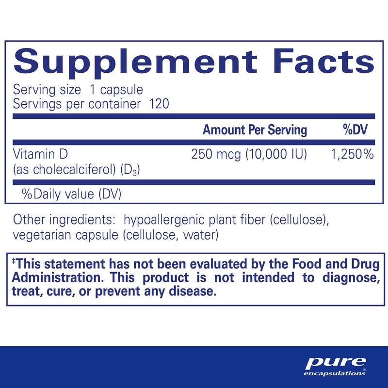 Pure Encapsulations Vitamin D3 250 mcg (10,000 IU) - Supplement to Support Bone, Joint, Breast, Heart, Colon & Immune Health - with Premium Vitamin D - 120 Capsules 120 Count (Pack of 1) - BeesActive Australia