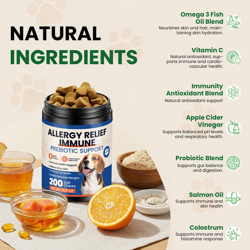 Dog Allergy Chews 200 Ct - Itch Relief for Dogs Immune Support with Colostrum Probiotics & Omega 3 - Seasonal Allergies Anti-Itch Skin & Coat Supplement, Itchy Skin & Paw Relief Bites - Beef Flavor