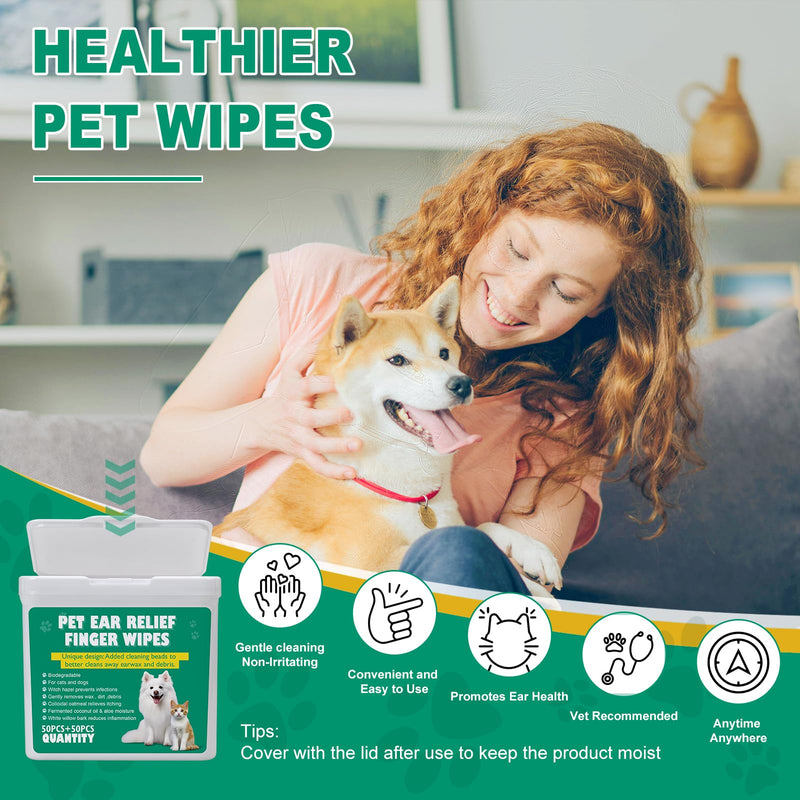 100 XL Dog Ear Cleaning Finger Wipes - Larger & thicker 1.77" Natural Coconut Oil & Aloe Dog Ear Wipes | Gently Removes Wax, Odor, Dirt For Dogs & Cats | Hypoalergenic Biodegradable Dog Ear Cleaner 100 Count