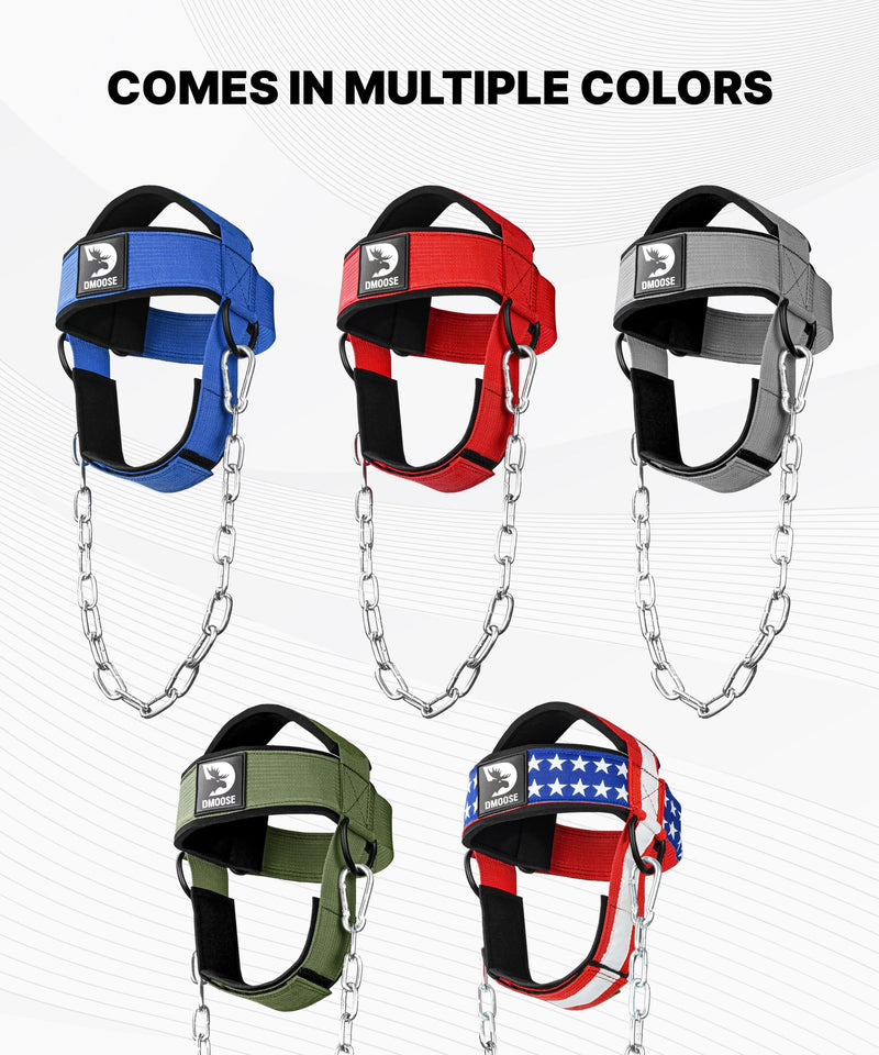 DMoose Fitness Neck Harness for Weight Lifting - Soft Padded Head & Chin Strap with 30" Heavy Duty Steel Chain - Neck Exerciser, Trainer & Strengthener to Support Injury Recovery and Intense Workouts With Support Strap Black