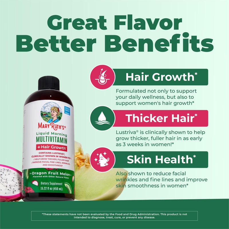 MARYRUTH'S Liquid Multivitamin + Hair Growth, Clinically Thicker Hair, 15oz | Clinically Tested in Women for Thicker Hair & Facial Wrinkles, Biotin 10000mcg, Lustriva Hair Growth Supplements, Skin Care Dragon Fruit 15.22 Fl Oz (Pack of 1)