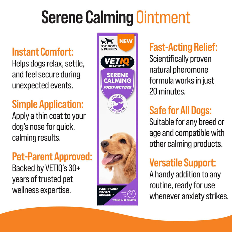 VETIQ Serene Calming Ointment For Dogs & Puppies, Fast Acting Natural Anxiety Relief, Simple Application to Dogs Nose, For Fireworks, Thunderstorms and Travel, 50g (Pack of 1) Ointment 50g