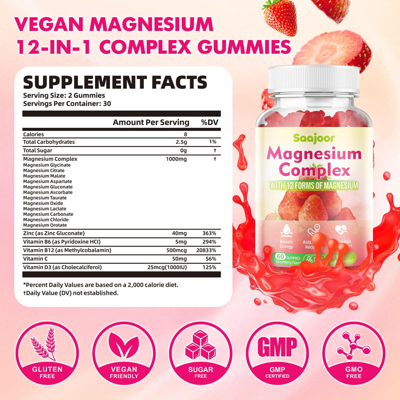 Magnesium Complex Gummies – with 12 Forms of Magnesium (Citrate, Glycinate, Malate, Oxide, and More) Plus Vitamins B6, B12, and C. for Women and Men – Strawberry Flavor, 60 Count 1 Pack