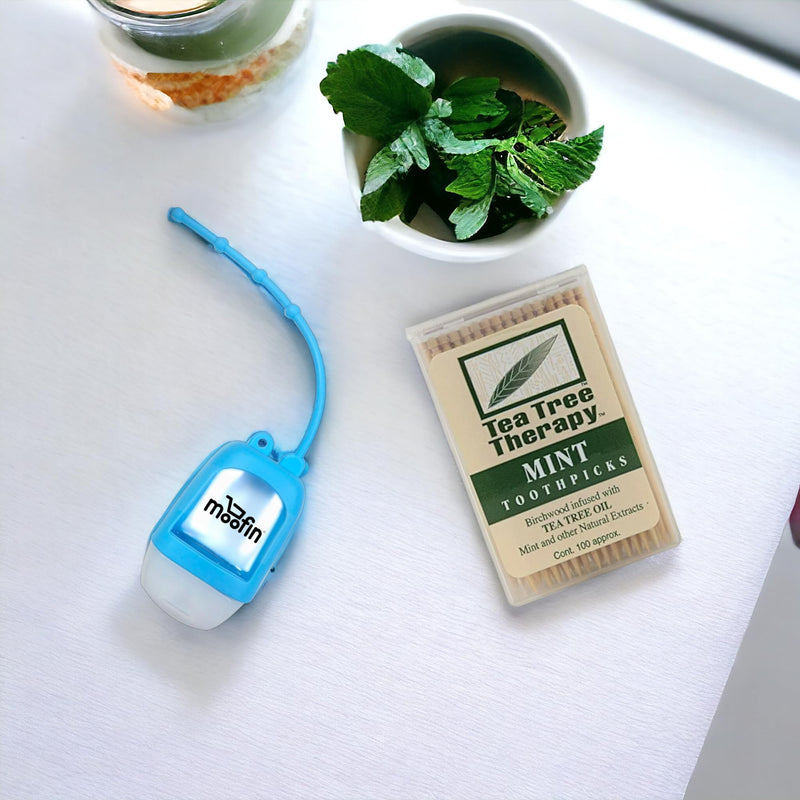 Tëä Trëë Thëräpy Mint Toothpicks 0.16 oz 100 Count, Tea Tree Oil Toothpicks with Moofin Hand Sanitizer Dispenser, Fresh Breath, Ideal for On The Go Use, Mint Flavored Toothpicks (Pack of 4) - BeesActive Australia