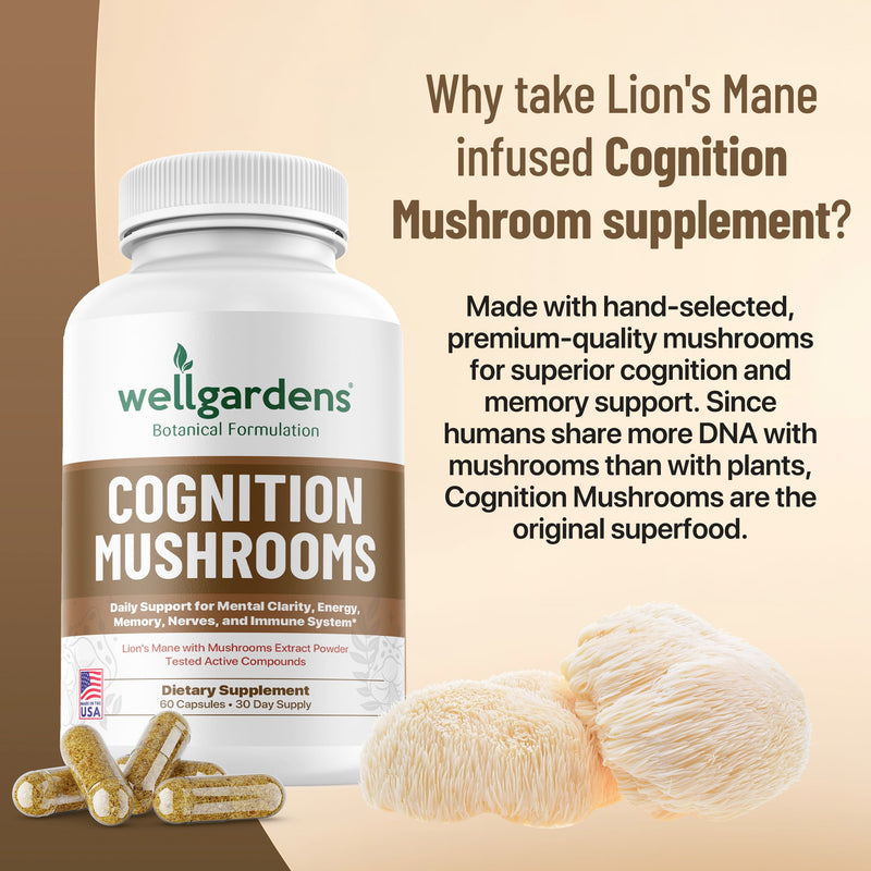 100% Pure Cognition Mushroom Supplement - Lion’s Mane, Reishi, Cordyceps & More - Promotes Mental Clarity, Focus, Memory, Energy, Performance - Mushroom Brain Vitamins