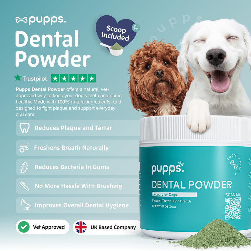 Pupps Dental Powder for Dogs 90g – Plaque & Tartar Support | Freshens Breath Naturally | Toothpaste & Toothbrush Alternative | Just Sprinkle on Food | Vet Approved, UK Made