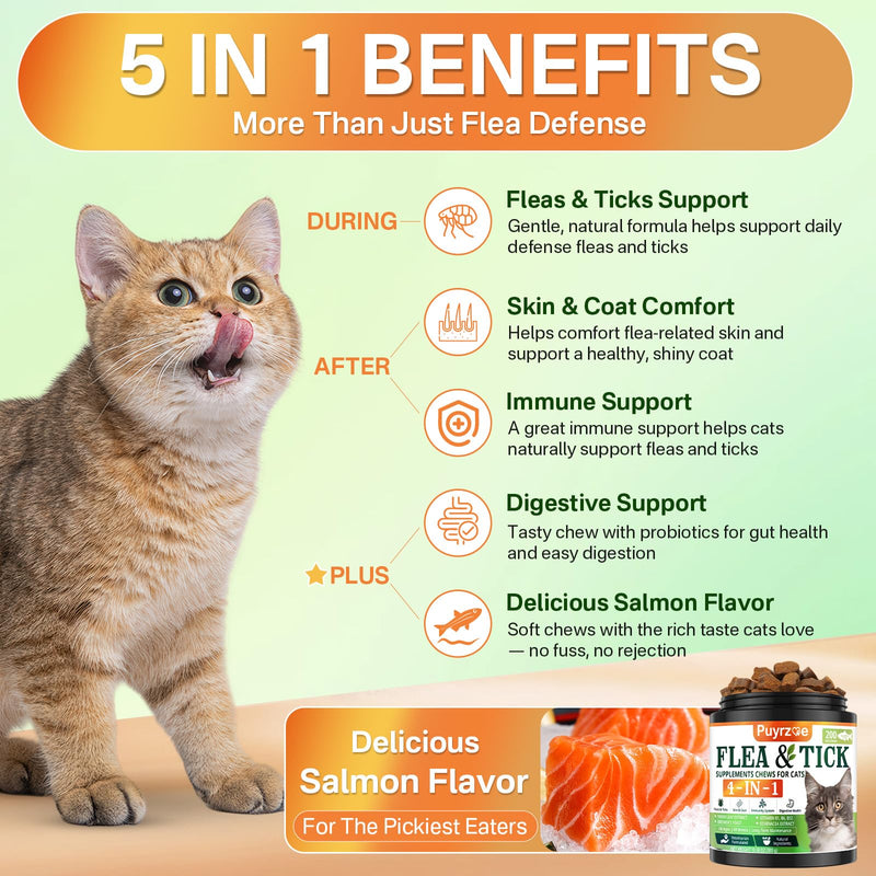 Puyrzoe 4-in-1 Flea Treatment for Cats Chewable, Natural Cat Flea and Tick Prevention Chewable Supplement for Skin & Coat | Immunity Support | Digestive | Flea & Tick Treatment for All Breeds & Sizes