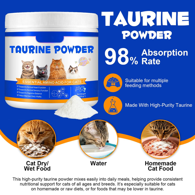 Taurine for Cats – Essential Amino Acid Powder Supplement – Taurine Powder for Cats Helps Maintain Normal Heart & Eye Function – High Purity (99%+) Formula for Kittens, Adult & Senior Cats,200g