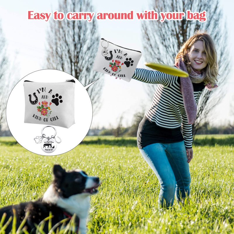 Nosiny 2 Pieces Horse Dog Lovers Gifts for Women Teen Makeup Bag Paw Horseshoe Print Cosmetic Bag Equestrian Gift Keychain Dog Horse Gifts for Girls - BeesActive Australia