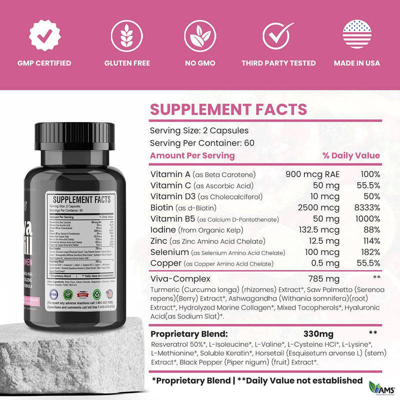 America Medic & Science VivaPill for Women (120 Capsules) Vitamins for Hair, Skin and Nails | Revitalizing Formula Pills with Biotin, Dietary Supplement for Hair Growth with Collagen and Keratin 1 Count (Pack of 120)