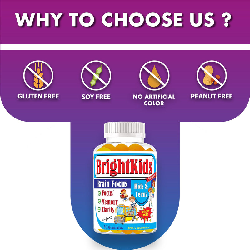BrightKids Focus Gummies for Kids & Teens – Brain Gummies for Memory and Focus, Omega 3 DHA Brain Vitamins for Kids, Attention & Learning Support Childrens Vitamins, Drug-Free, Made in USA, 60 Count