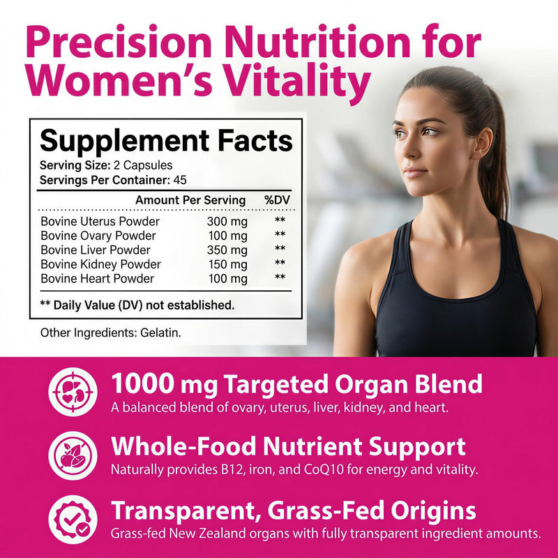 5-in-1 Beef Organ Supplement for Women, 1000mg, 90 Capsules | Grass-Fed Beef Liver Capsules with Ovary, Uterus, Kidney & Heart, New Zealand Beef Organs, Female Wellness & Energy Support