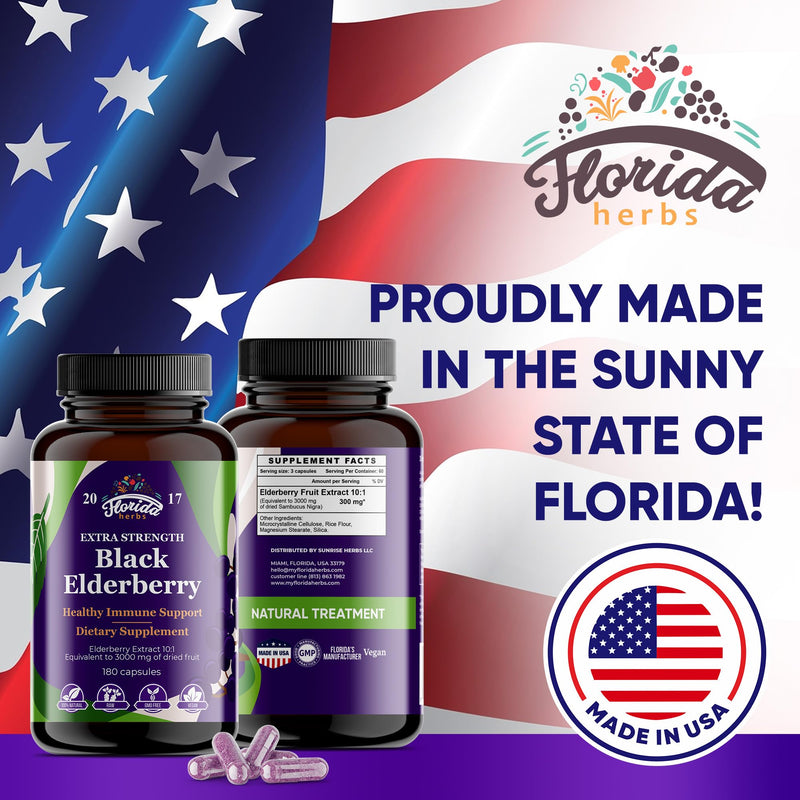 Black Elderberry Capsules | 180 Count | Sambucus Elderberry Vitamins, Non-GMO, Gluten Free, Organic Elderberry Extract Sambucus Nigra 180 Count (Pack of 1)