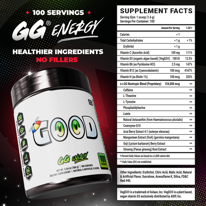 Gamer Supps GG Energy - Good by SMii7Y (100 Servings) - Keto Friendly Gaming Energy and Nootropic Blend, Sugar Free + Caffeine + Vitamins + Immune Support, Powder Drink