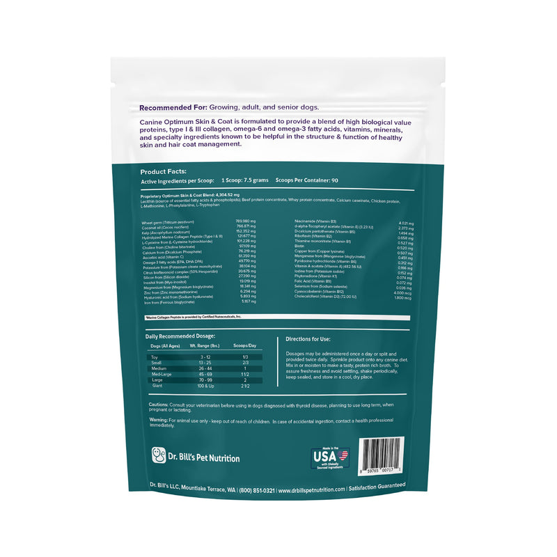 Dr. Bill’s Canine Optimum Skin & Coat (680g) – Fish Oil Omega-3 Fatty Acids Dog Supplement with Biotin, Type I & III Marine Collagen, Hyaluronic Acid & Folic Acid Canine Skin & Coat (680g) - PawsPlanet Australia