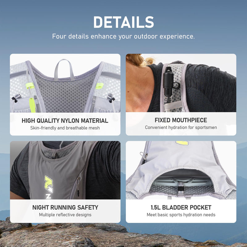 N NEVO RHINO Running Vest,Hydration Vest 5L with 1.5L Water Bladder,Lightweight Hydration Pack Water Backpack for Hiking Race Gray