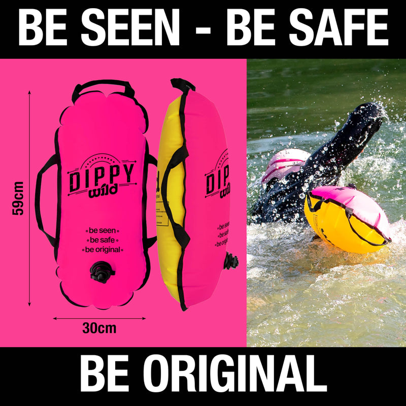 Wild Swim Buoy for Open Water Swimmers | Waterproof Tow Float Swim Bubble for Adults | Triathlon Buoy Float | Swimmer Gear | Wild Swimming Accessories Pink/Yellow