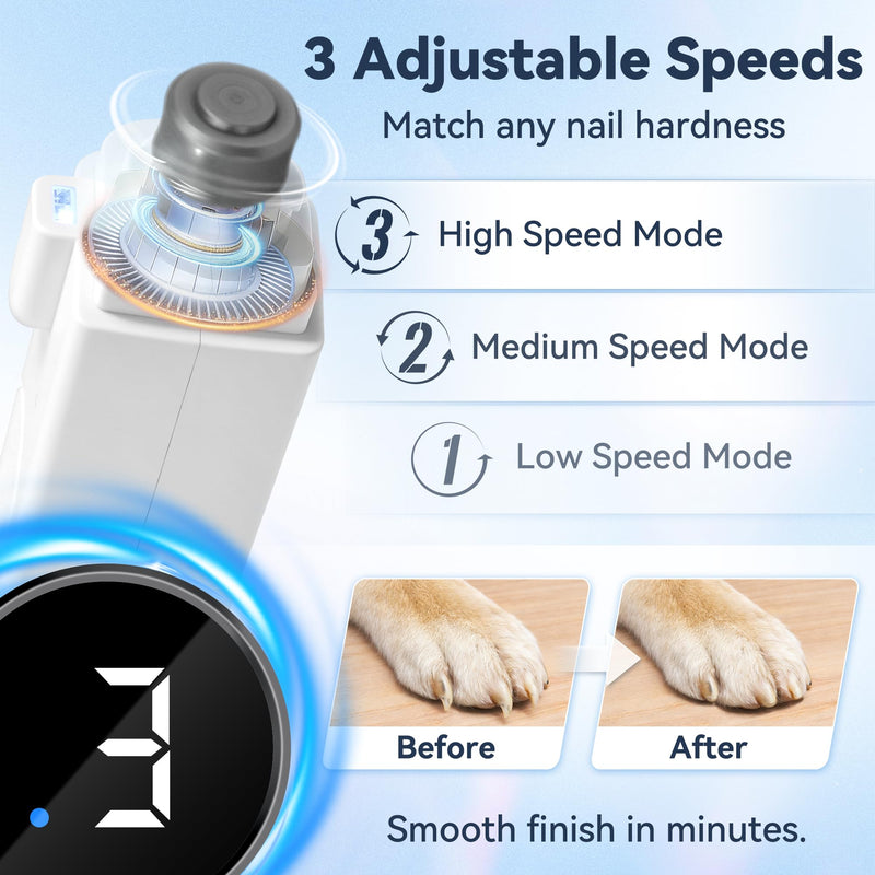 2-in-1 Dog Nail Clippers & Grinder with Light, Quiet Electric Pet Nail Trimmer for Large Medium Small Dogs & Cats, 3 Speeds, Rechargeable, Splash Guard & Safety Lock, Painless Grooming Tool (White) - BeesActive Australia