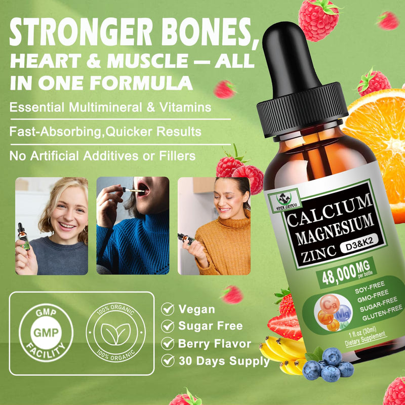 Calcium Magnesium Zinc Drops, 1200mg Calcium with Vitamin D3 K2 Magnesium for Bone,Teeth,Colon,Cardiovascular Health, High Absorption Liquid Calcium Supplement, Gluten Free,Non GMO