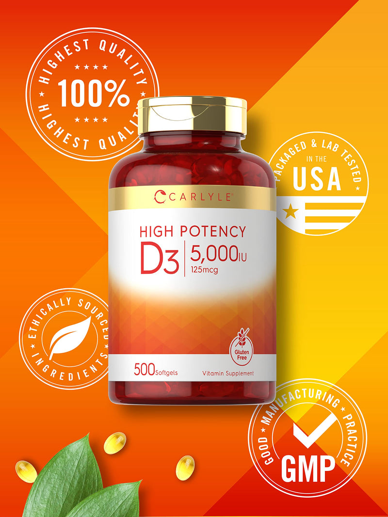 Carlyle Vitamin D3 5000 IU Softgels | 500 Count | Value Size | Non-GMO and Gluten Free Supplement | High Potency Formula | 125mcg 500 Count (Pack of 1) - BeesActive Australia
