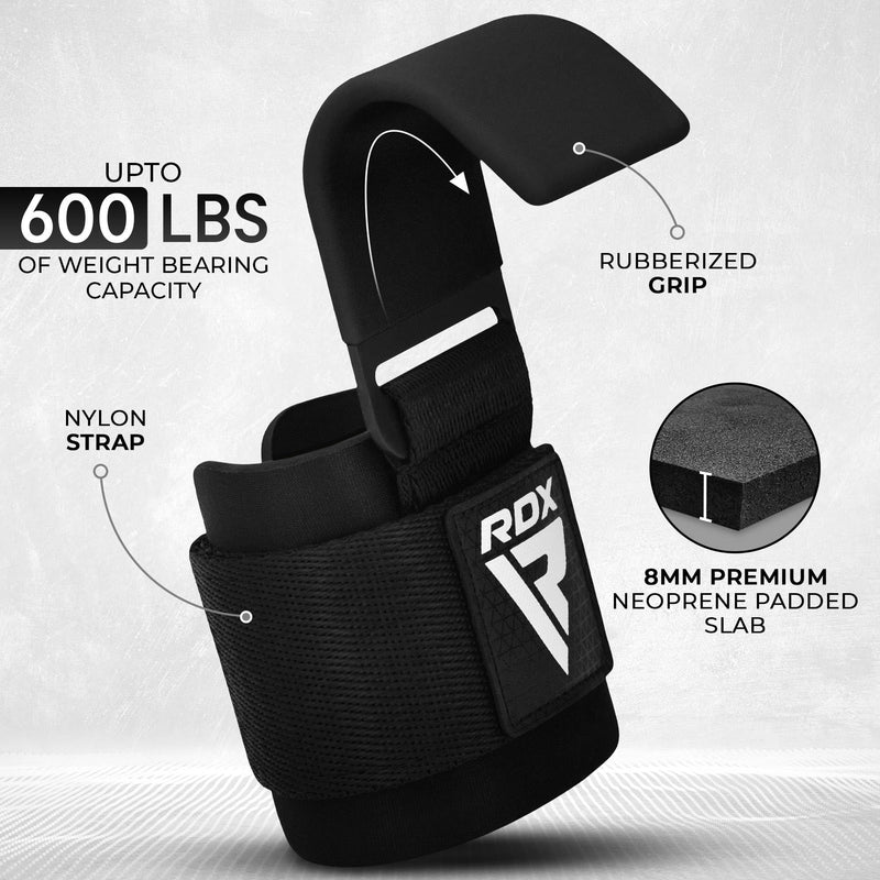 RDX Weight Lifting Hooks for Deadlifting (Pair) - 600Lbs Capacity - 8MM Neoprene Wrist Support Wraps - Grip Enhancer for Pull Ups Lat Pulldowns Rows - Adjustable Gym Workout Power Straps for Men Women Black