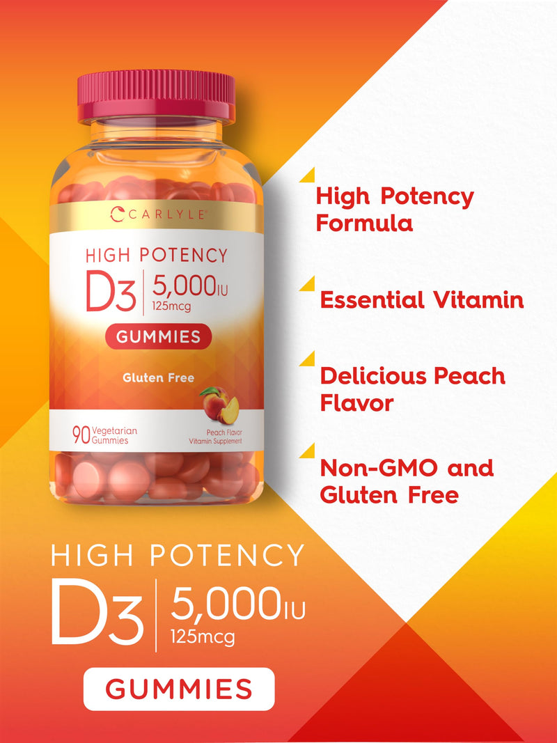 Carlyle Vitamin D3 Gummies 5000 IU (125 mcg) | 90 Count | Peach Flavor | Vegetarian, Non-GMO, Gluten Free Supplement 90 Count (Pack of 1)