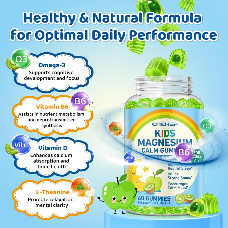 2PCS Center-Filled Magnesium Gummies for Kids 300MG - Magnesium Glycinate Gummies with L-theanine, Omega-3, Vitamin B6, D for Kids & Adults, Supplement for Sleep, Calm & Muscle Relaxation Apple & Kiwi 60 Count (Pack of 2)