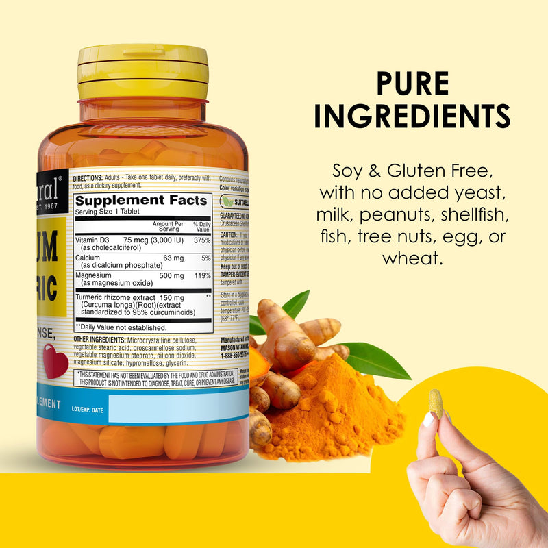 MASON NATURAL Magnesium & Vitamin D3 with Turmeric, 60 Day Supply | 500mg magnesium, 3000 IU vitamin D3, 150mg turmeric & calcium; dietary supplement to support normal muscle, bones & joints