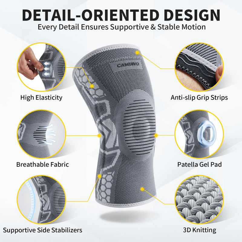 CAMBIVO 2 Pack Knee Brace for Men and Women, Knee Sleeves for Men with Patella Gel Pad and Side Stabilizers, Knee Compression Sleeves for Knee Pain Relief, Running, Workout, Daily Use Gray Large
