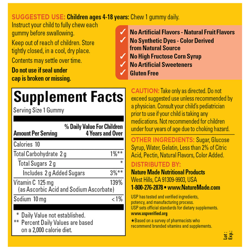Nature Made Kids First Vitamin C Gummies for Kids, 110 Gummies | Dietary Supplement for Immune Support and Antioxidant Support, Tangerine Flavored Gummies, 110 Day Supply No Artificial Sweeteners 110 Count (Pack of 1)
