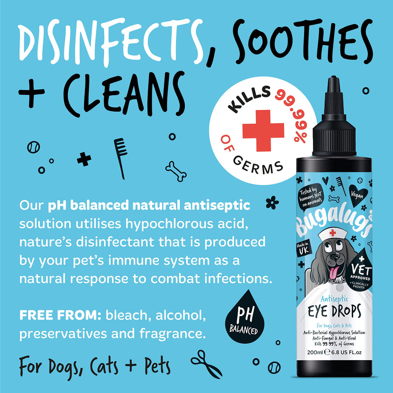 BUGALUGS Dog Eye Drops 200ml, Antiseptic eye drops for dogs, puppy, cats & animals. Antibacterial for dry, itchy, irritated, gunky & tear stain eyes. Eye Wash Cleaner Cat 200ml